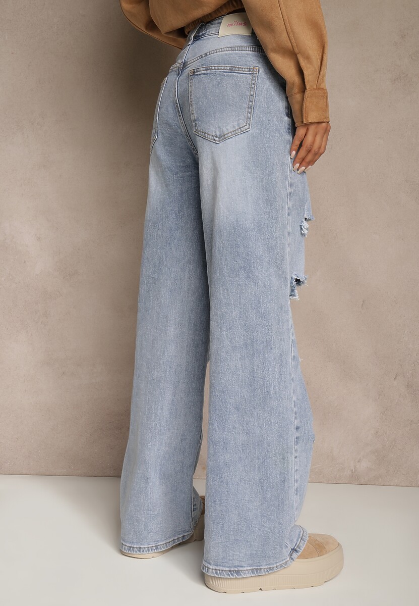 Niebieskie Jeansy High Waist Wide Leg z Ozdobnymi Przetarciami i Dziurami Elintyse 3