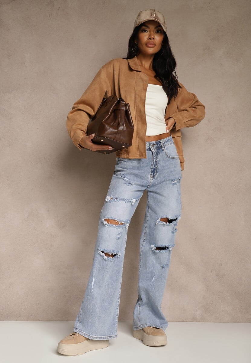 Niebieskie Jeansy High Waist Wide Leg z Ozdobnymi Przetarciami i Dziurami Elintyse 1