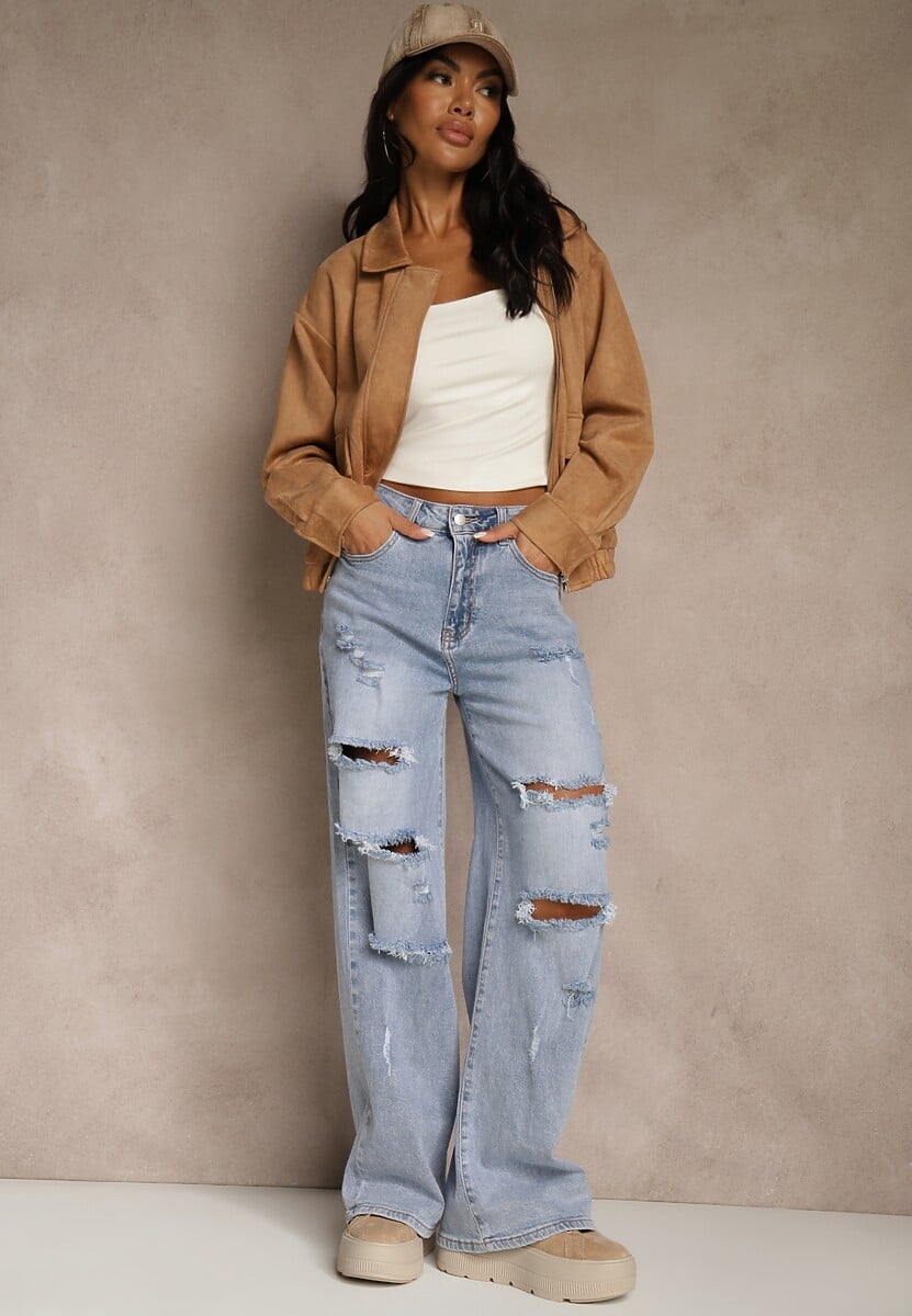 Niebieskie Jeansy High Waist Wide Leg z Ozdobnymi Przetarciami i Dziurami Elintyse 2