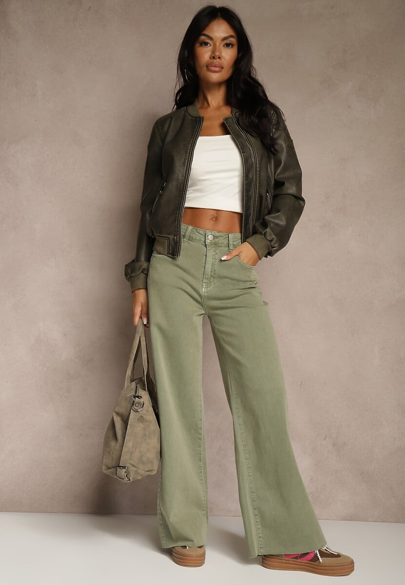 Ciemnozielone Jeansy o Szerokim Kroju z Bawełny High Waist Marquilla 1