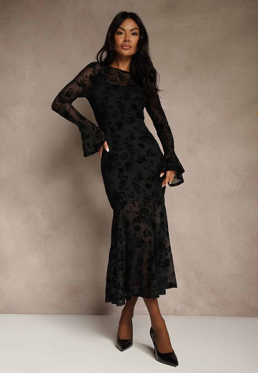 Czarna Koktajlowa Sukienka VICES z Siateczki z Welurowym Wzorem Fyreleva 1