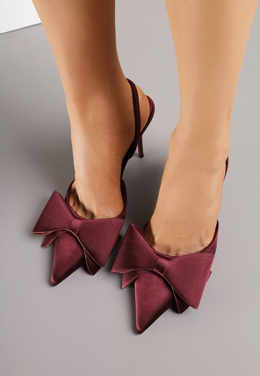 Bordowe Sandały Satynowe na Szpilce Slingback Ozdobione Kokardą Daemoris 3