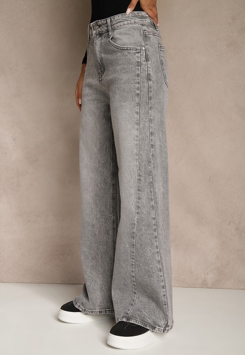 Szare Szerokie Jeansy z Bawełny High Waist Ozdobione Przetarciami Orryna 1