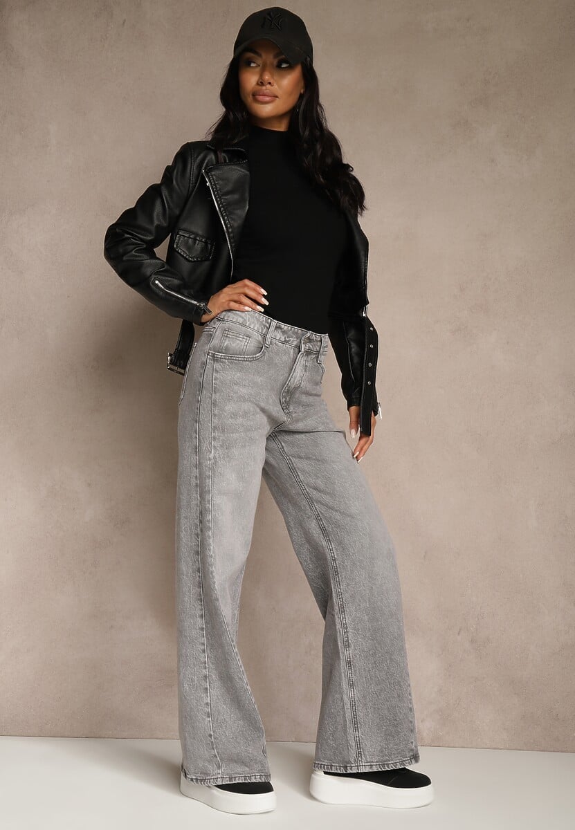 Szare Szerokie Jeansy z Bawełny High Waist Ozdobione Przetarciami Orryna 2