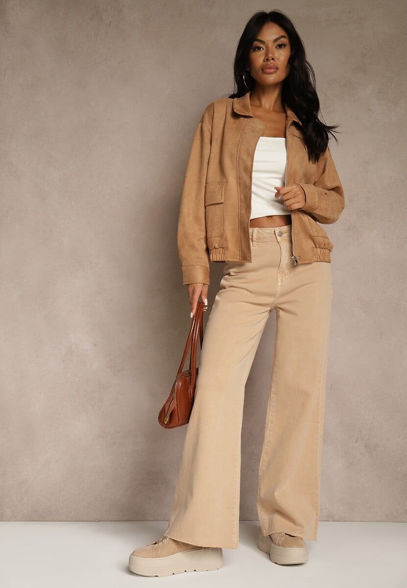 Beżowe Jeansy High Waist Wide Leg z Surowo Zakończonymi Nogawkami Rhelnell 1