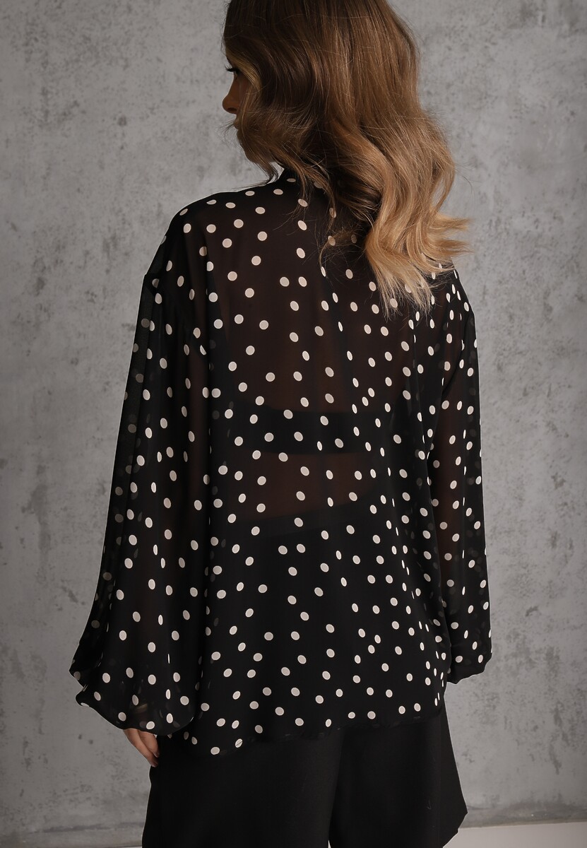 Czarna Półprzezroczysta Koszula w Kropki z Wiskozy i Bawełny z Wiązaniem Delmara 3