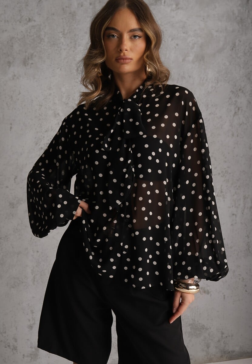 Czarna Półprzezroczysta Koszula w Kropki z Wiskozy i Bawełny z Wiązaniem Delmara 1