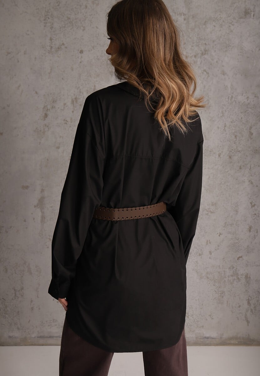 Czarna Bawełniano-Wiskozowa Koszula o Długim Kroju Oversize z Paskiem Tethys 3