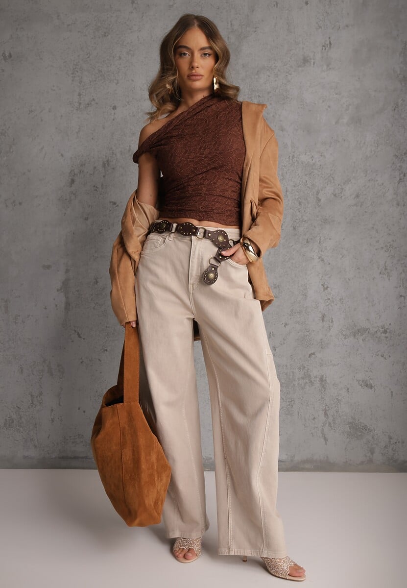 Brązowa Asymetryczna Bluzka z Koronki na Jedno Ramię Olitheilise 2