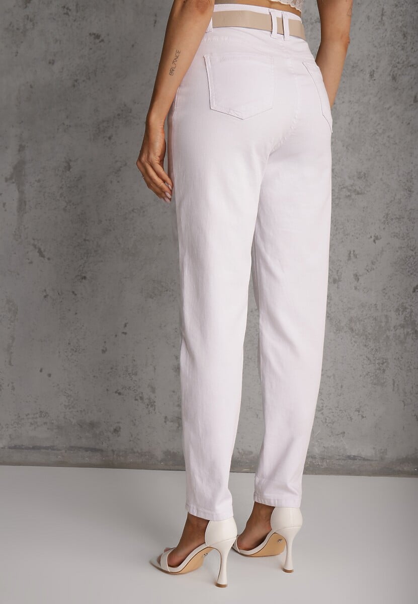 Białe Jeansy Mom Fit z Bawełny i Wiskozy z Dodatkowym Paskiem Prosinix 3