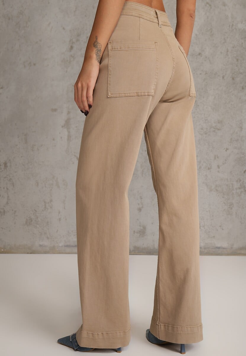 Beżowe Bawełniane Jeansy High Waist Wide Leg z Pionowymi Przeszyciami Ethemithea 3