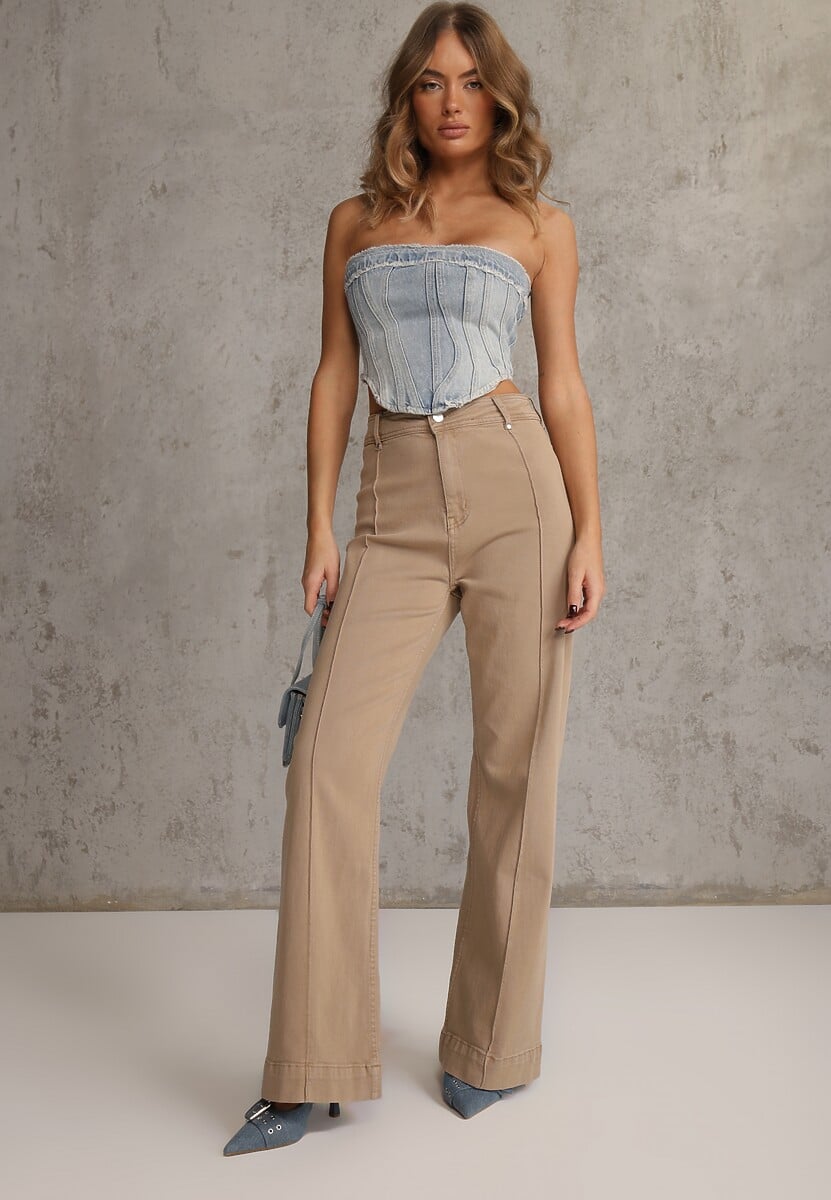 Beżowe Bawełniane Jeansy High Waist Wide Leg z Pionowymi Przeszyciami Ethemithea 2