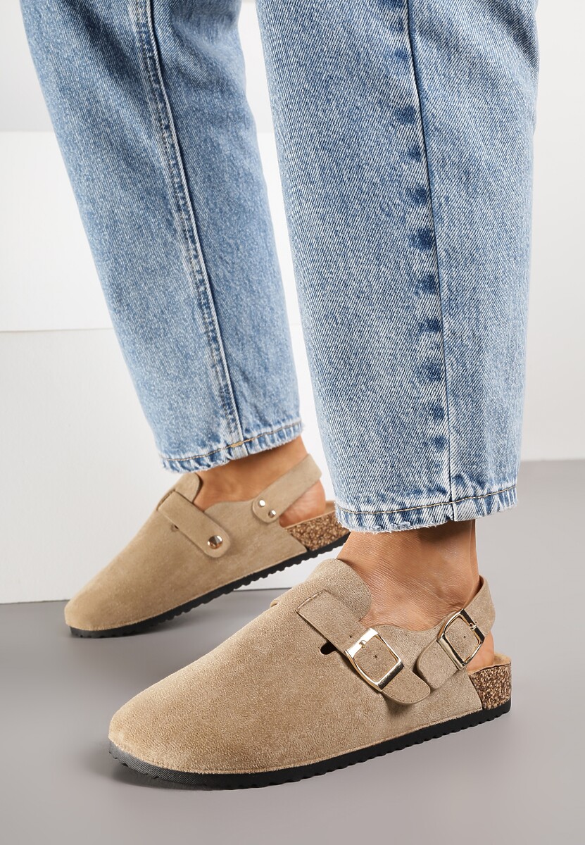 Ciemnobeżowe Sandały Typu Chodaki z Klamrami Silvermore 2