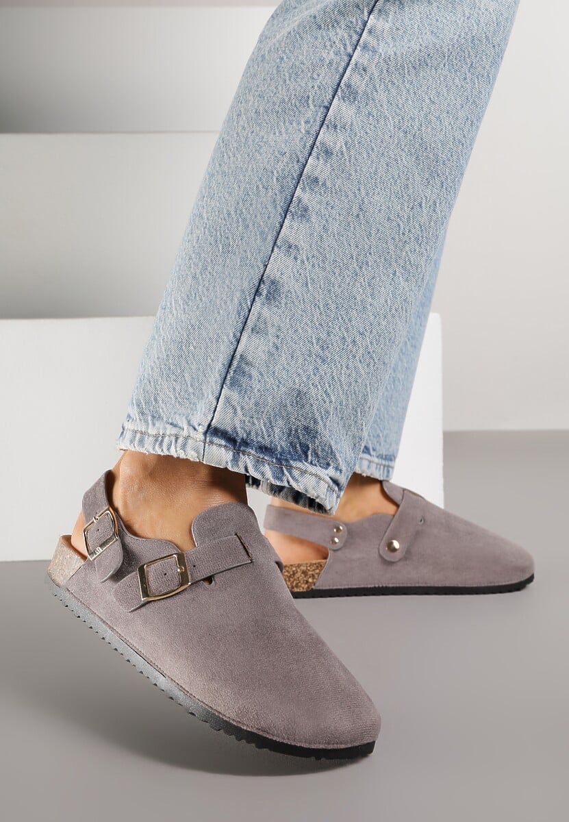 Szare Sandały Typu Chodaki z Klamrami Silvermore 1