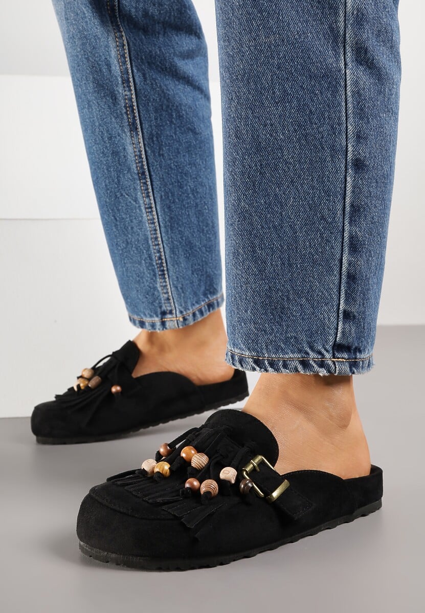 Czarne Klapki na Platformie Ozdobione Koralikami Klamrami i Frędzlami Leurecea 2