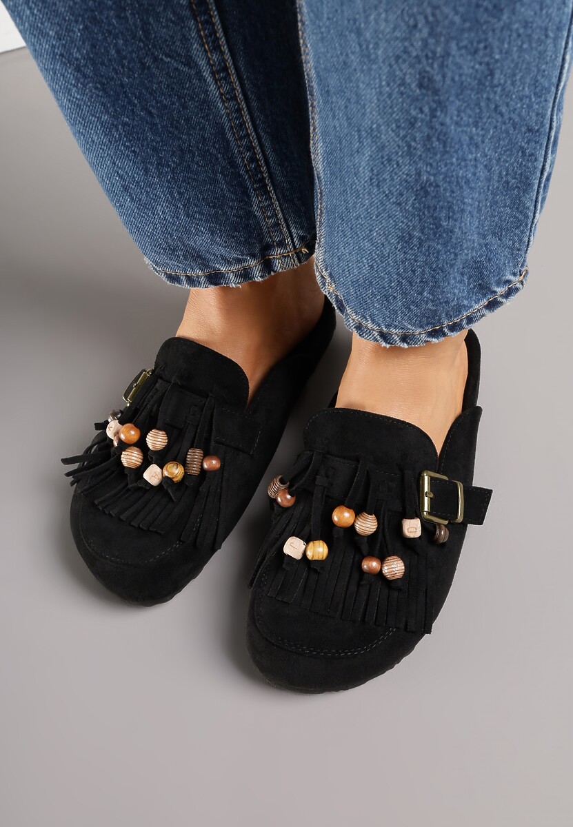 Czarne Klapki na Platformie Ozdobione Koralikami Klamrami i Frędzlami Leurecea 3