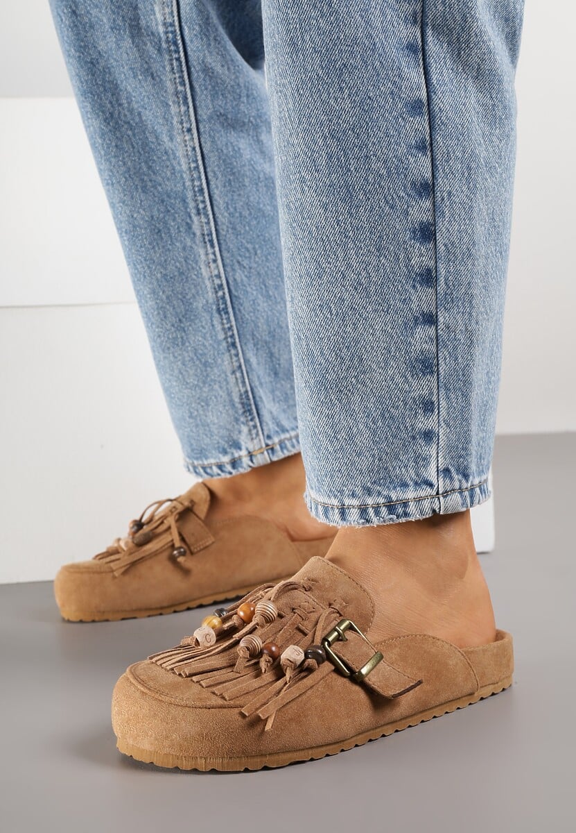 Jasnobrązowe Klapki na Platformie Ozdobione Koralikami Klamrami i Frędzlami Leurecea 2