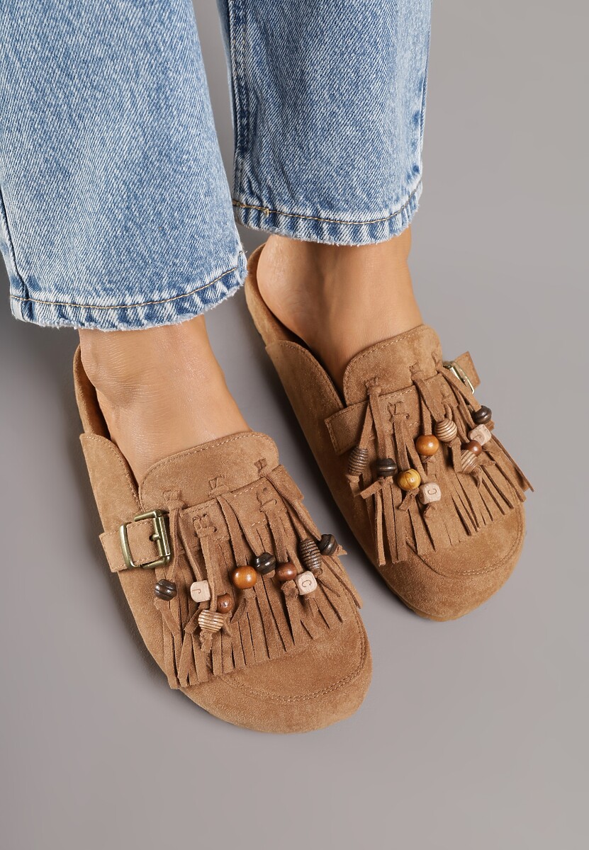 Jasnobrązowe Klapki na Platformie Ozdobione Koralikami Klamrami i Frędzlami Leurecea 3