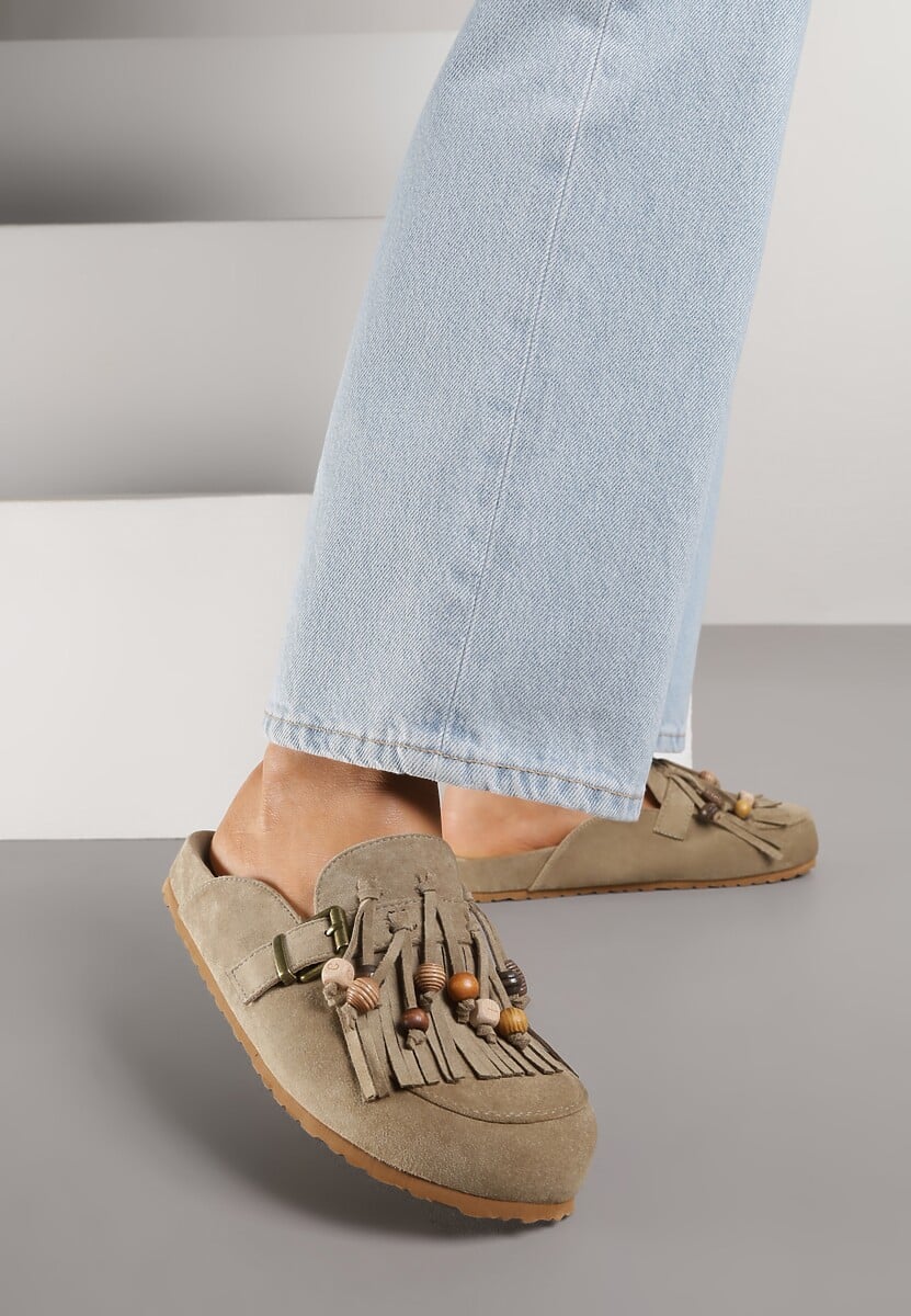 Zielone Klapki na Platformie Ozdobione Koralikami Klamrami i Frędzlami Leurecea 1