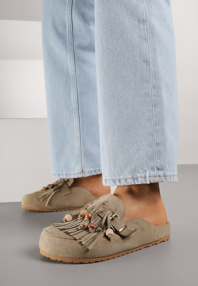 Zielone Klapki na Platformie Ozdobione Koralikami Klamrami i Frędzlami Leurecea 2