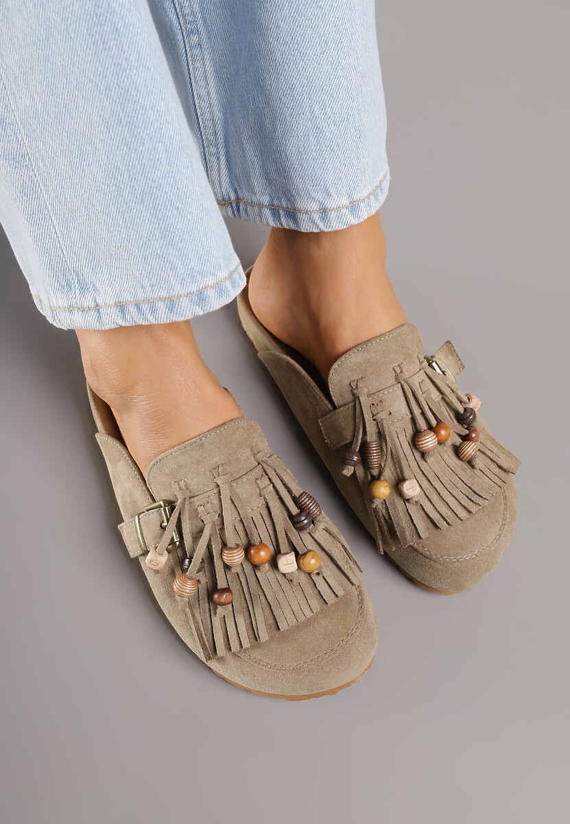 Zielone Klapki na Platformie Ozdobione Koralikami Klamrami i Frędzlami Leurecea 3