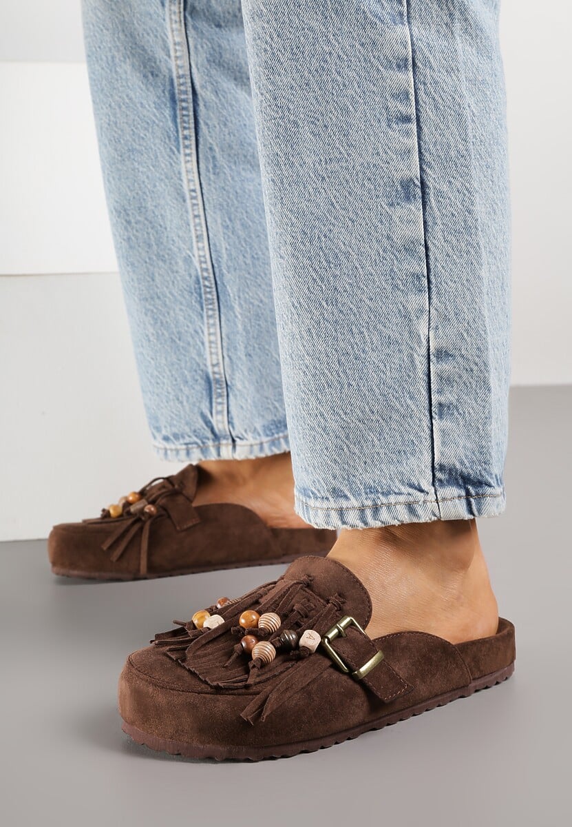 Brązowe Klapki na Platformie Ozdobione Koralikami Klamrami i Frędzlami Leurecea 2