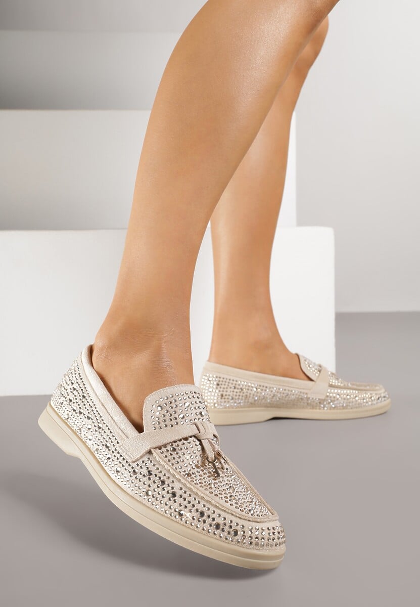 Beżowe Mokasyny z Cyrkoniami i Ozdobami Distantsteam 2