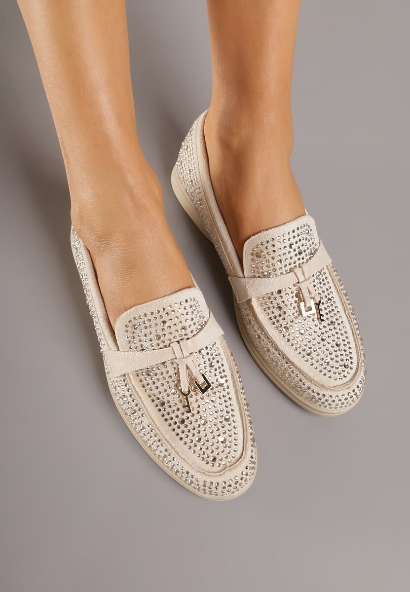 Beżowe Mokasyny z Cyrkoniami i Ozdobami Distantsteam 3
