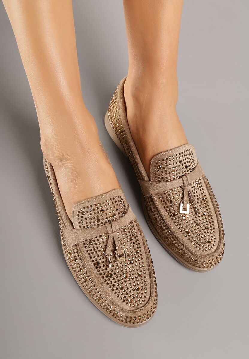 Ciemnobeżowe Mokasyny z Cyrkoniami i Ozdobami Distantsteam 3