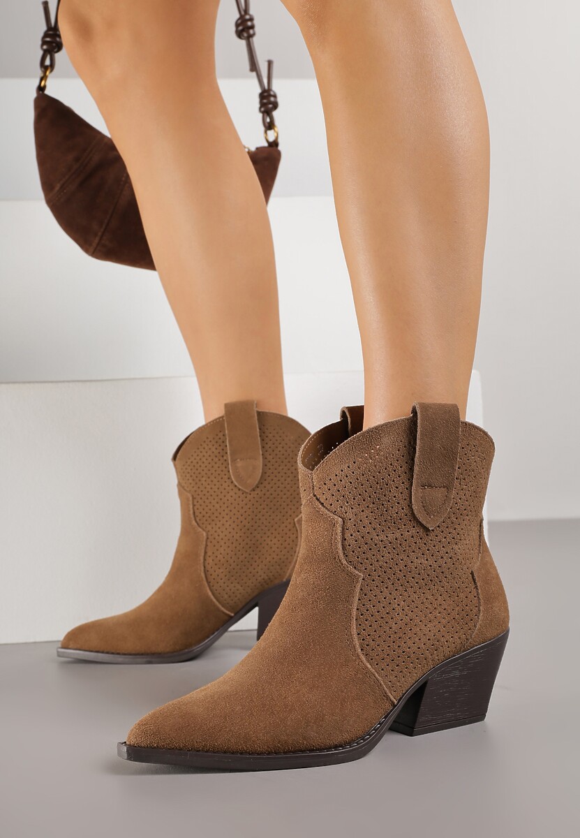 Brązowe Botki Typu Kowbojki na Stożku ze Skóry Naturalnej Clearfeather 1