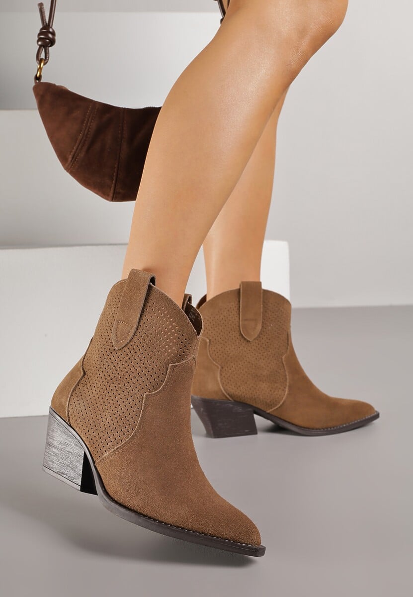 Brązowe Botki Typu Kowbojki na Stożku ze Skóry Naturalnej Clearfeather 2