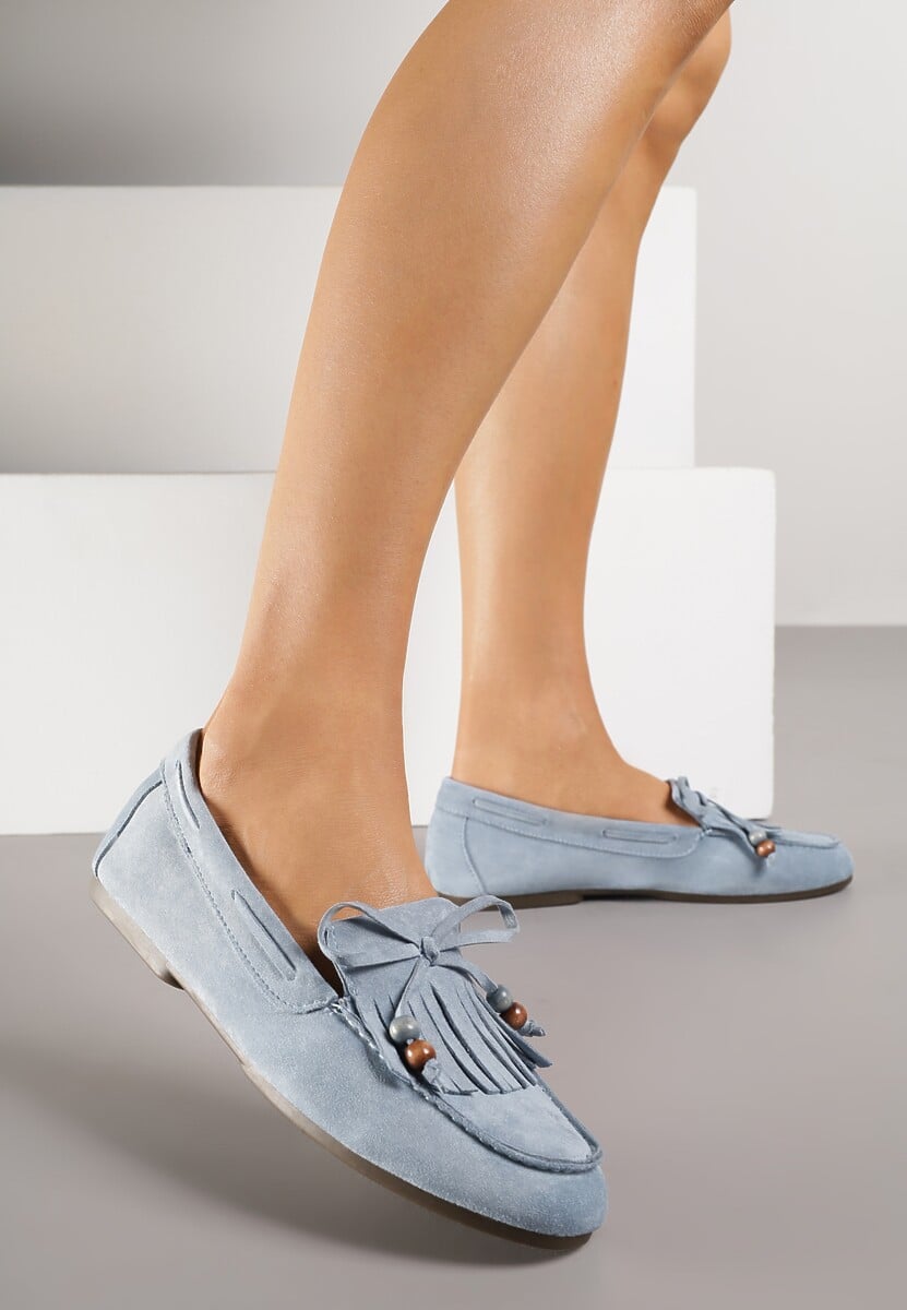Niebieskie Mokasyny z Koralikami Kokardą i Frędzlami Nahda 2