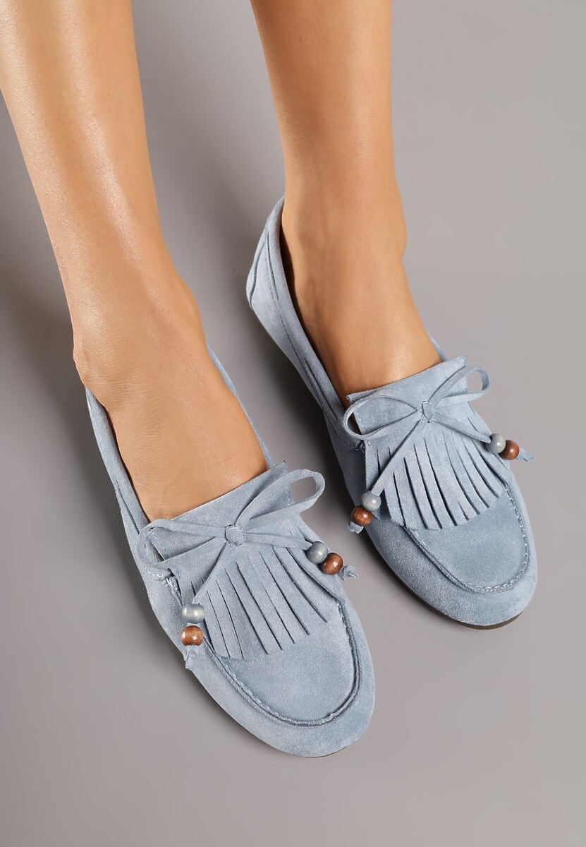 Niebieskie Mokasyny z Koralikami Kokardą i Frędzlami Nahda 3