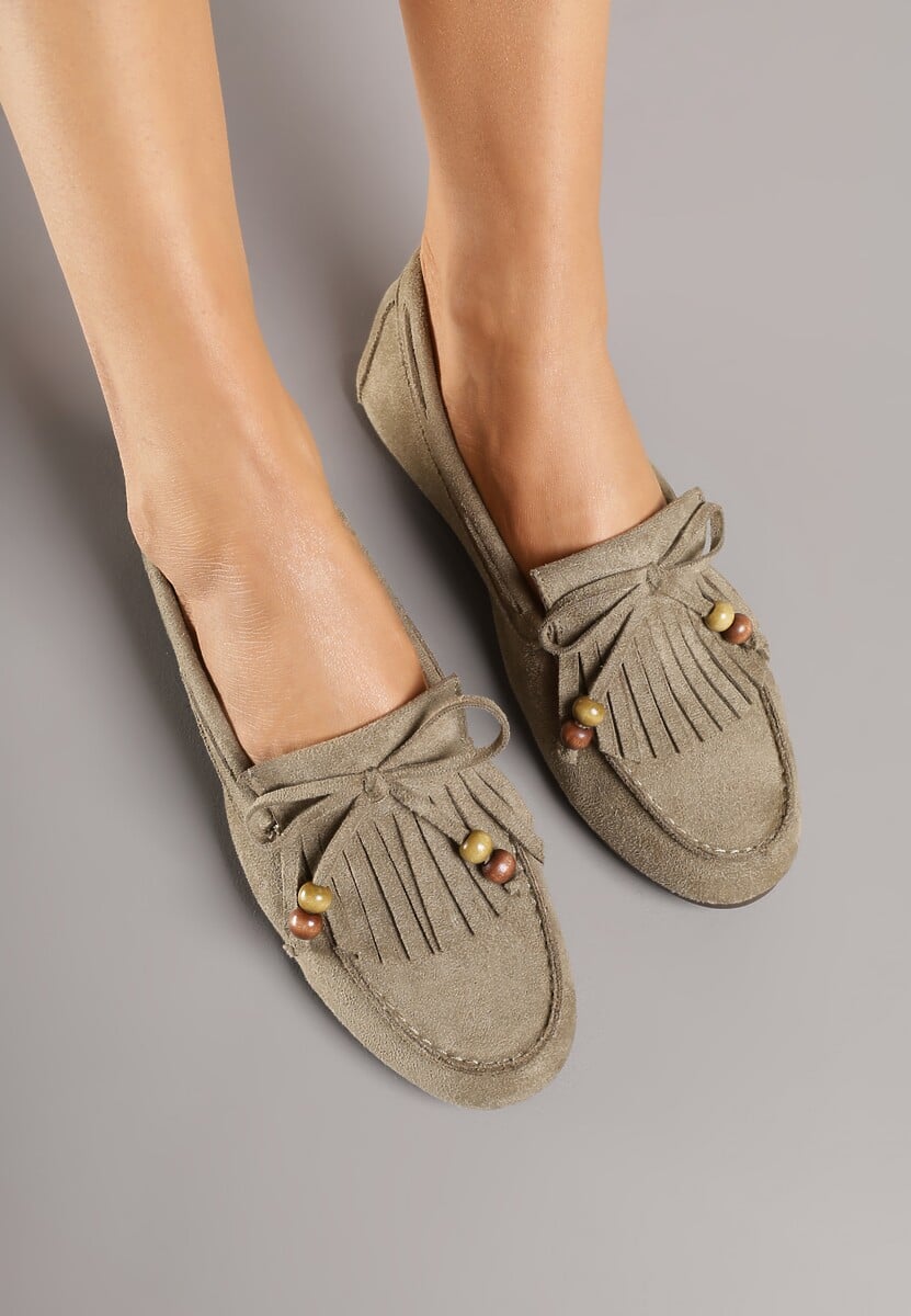 Zielone Mokasyny z Koralikami Kokardą i Frędzlami Nahda 3