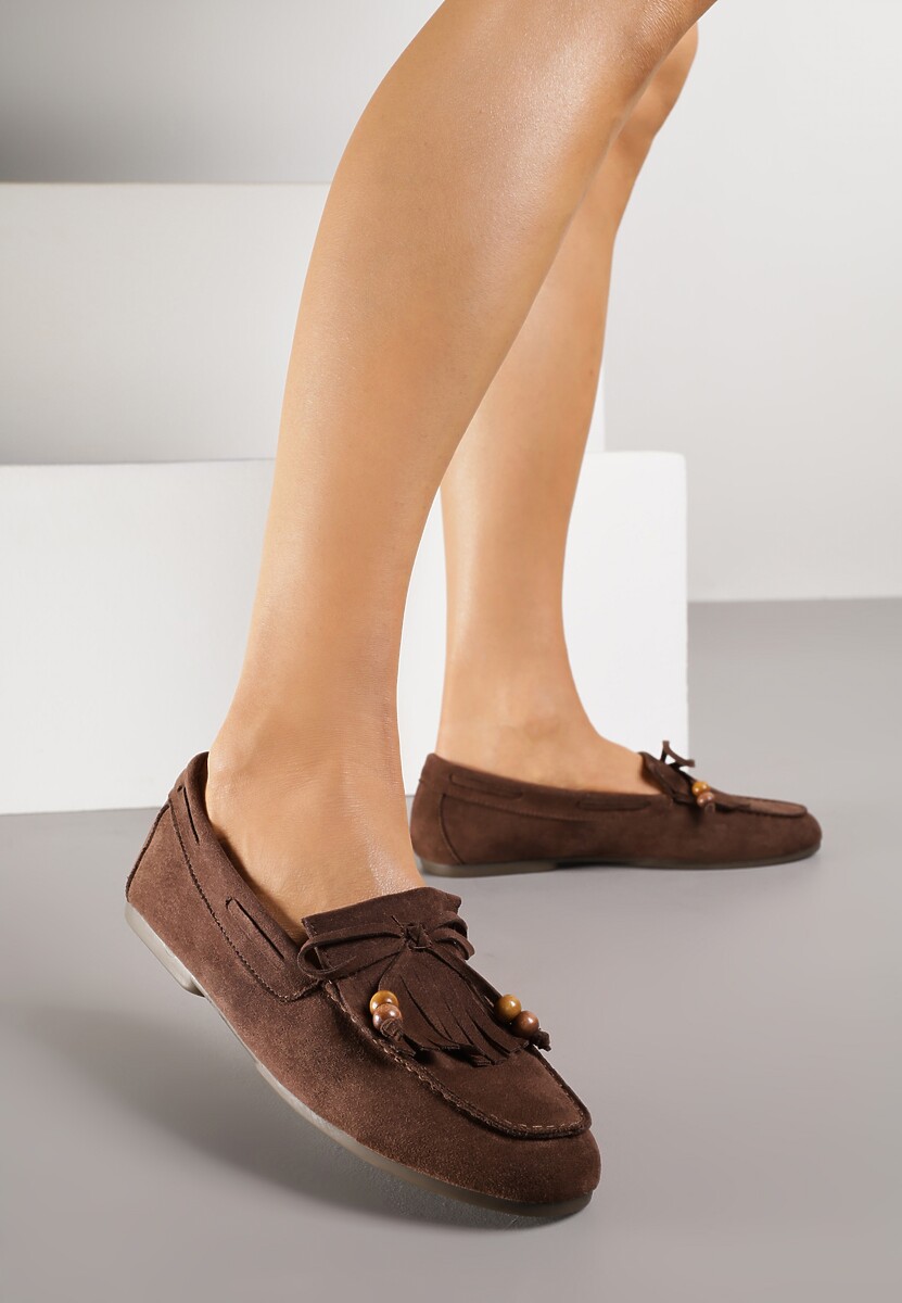 Brązowe Mokasyny z Koralikami Kokardą i Frędzlami Nahda 2