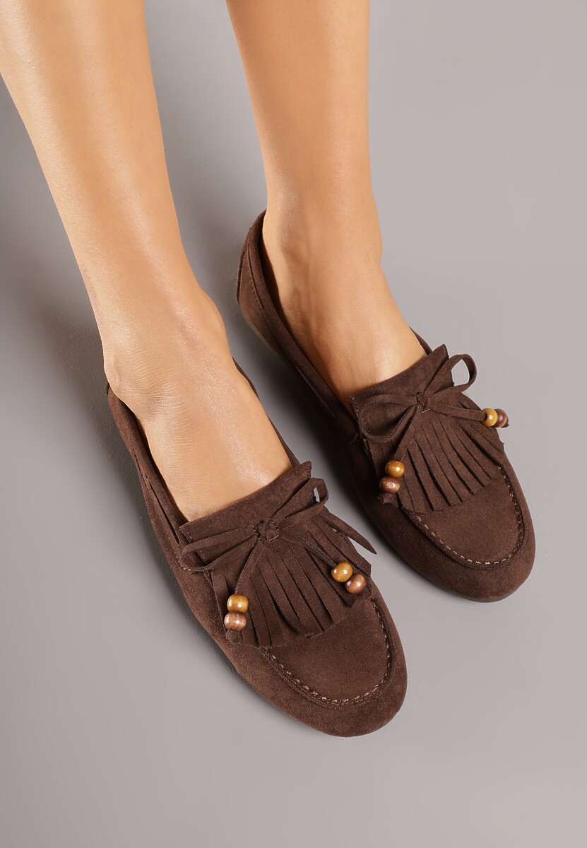 Brązowe Mokasyny z Koralikami Kokardą i Frędzlami Nahda 3