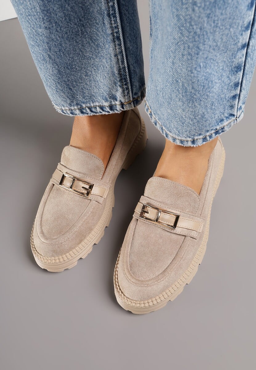 Beżowe Mokasyny z Metaliczną Klamrą Glitterfly 3