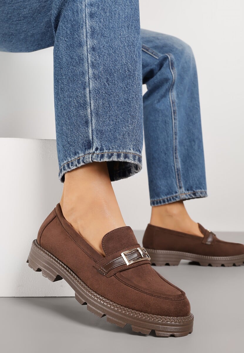 Brązowe Mokasyny z Metaliczną Klamrą Glitterfly 1