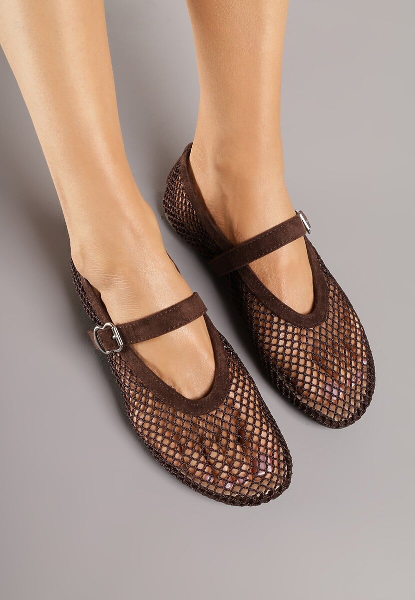 Brązowe Balerinki Ozdobione Siateczką Arolamar 3