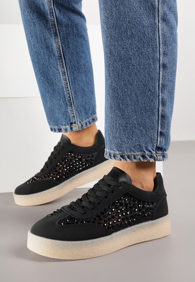 Czarne Sneakersy na Platformie z Cyrkoniami Moonblaze 2