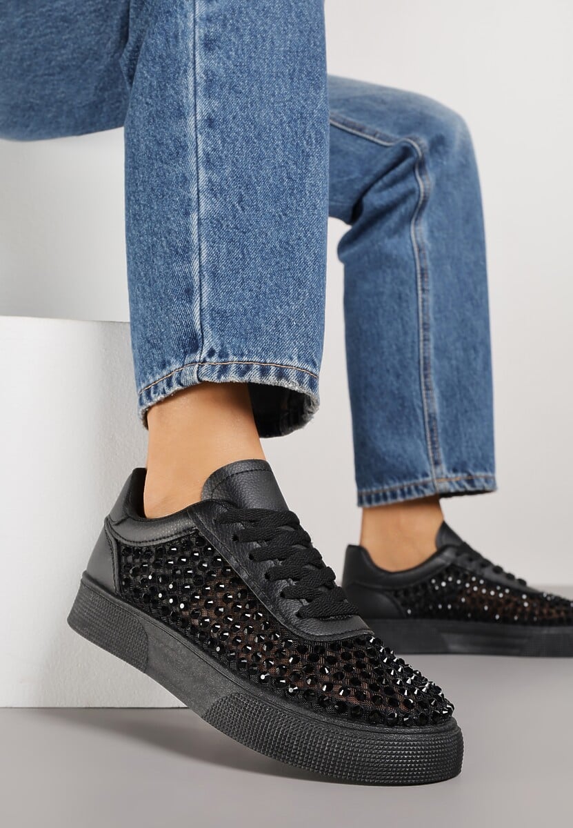 Czarne Cyrkoniowe Sneakersy na Platformie Lilaela 2