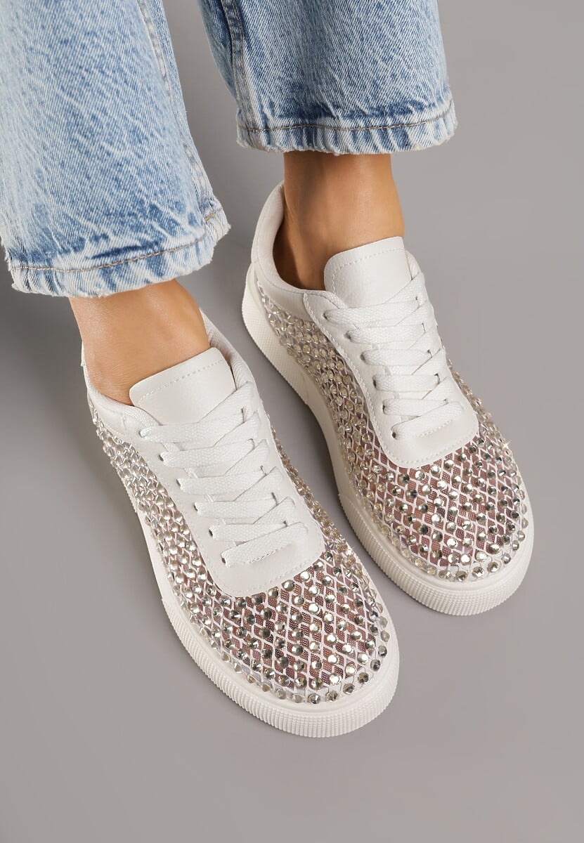 Beżowe Cyrkoniowe Sneakersy na Platformie Lilaela 3