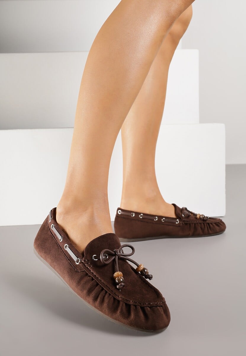 Brązowe Mokasyny Ozdobione Kokardą Koralikami i Przeszyciami Clanrunner 2