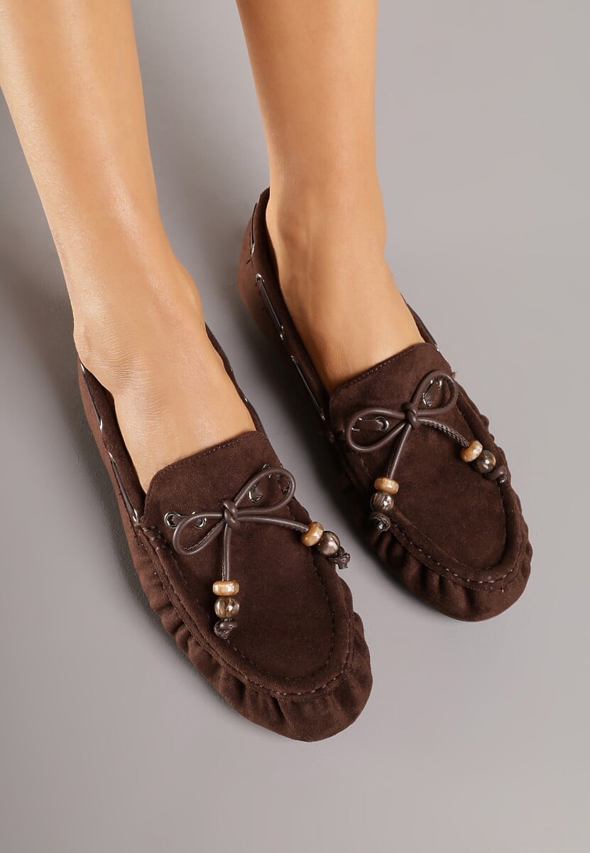 Brązowe Mokasyny Ozdobione Kokardą Koralikami i Przeszyciami Clanrunner 3