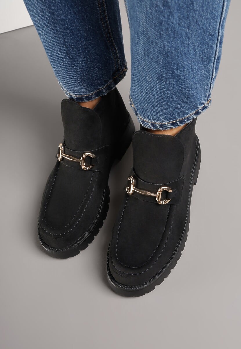 Czarne Botki w Stylu Loafersów Zdobione Metaliczną Aplikacją Aqianey 3