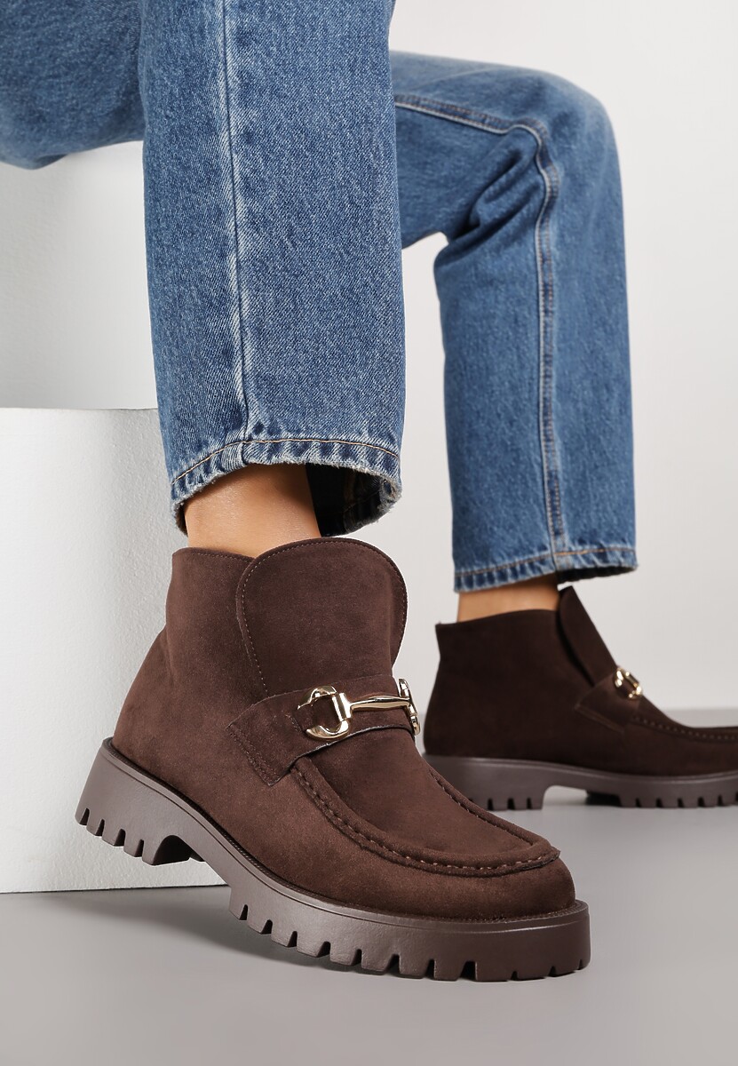 Brązowe Botki w Stylu Loafersów Zdobione Metaliczną Aplikacją Aqianey 1