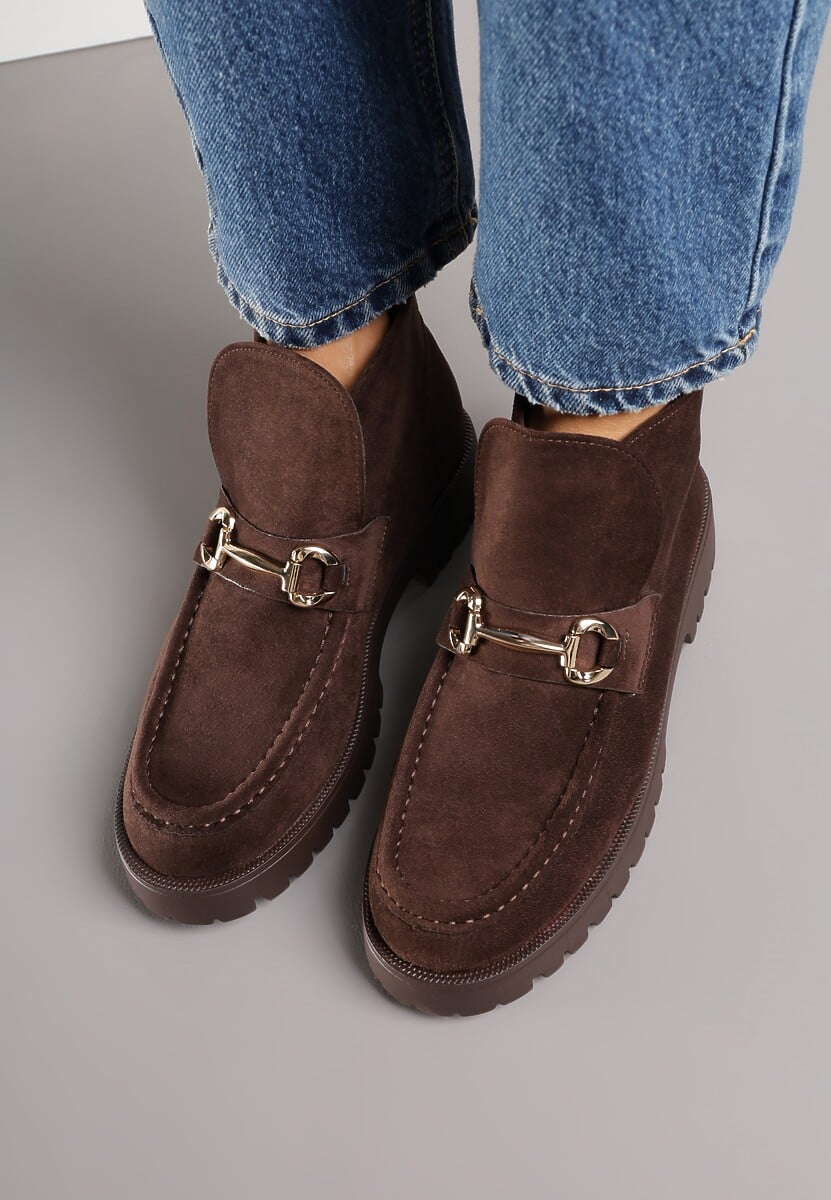 Brązowe Botki w Stylu Loafersów Zdobione Metaliczną Aplikacją Aqianey 3