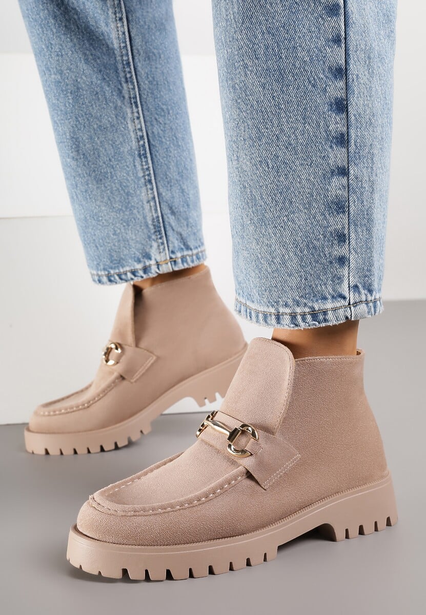 Ciemnobeżowe Botki w Stylu Loafersów Zdobione Metaliczną Aplikacją Aqianey 2