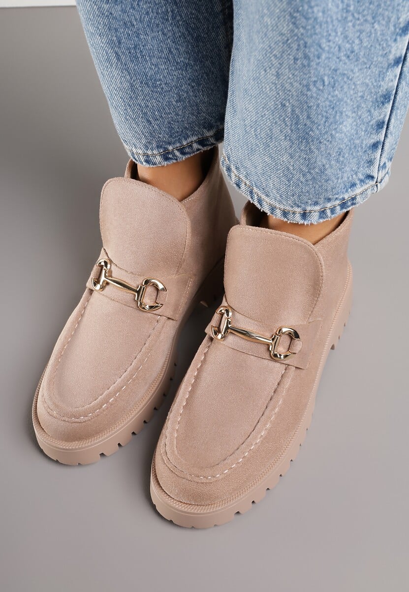 Ciemnobeżowe Botki w Stylu Loafersów Zdobione Metaliczną Aplikacją Aqianey 3