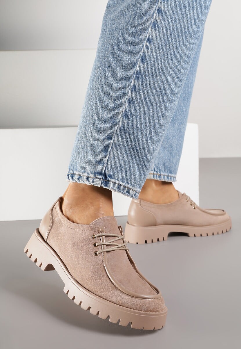 Ciemnobeżowe Półbuty Mokasyny w Stylu Boat Shoes ze Sznurowaniem Balmitar 2
